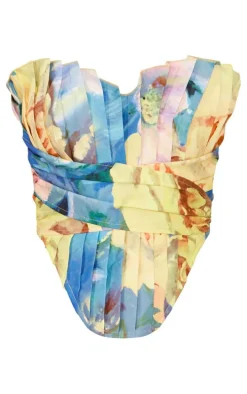 Yellow Floral Print Woven Pleated Drape Front Corset