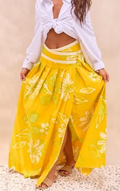 Yellow Floral Printed Asymmetric Waist Flared Maxi Skirt