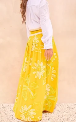 Yellow Floral Printed Asymmetric Waist Flared Maxi Skirt