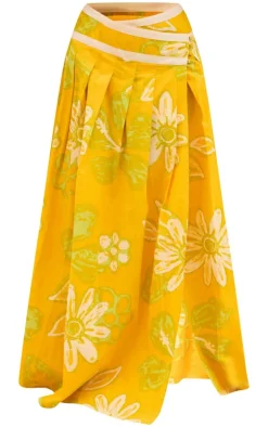 Yellow Floral Printed Asymmetric Waist Flared Maxi Skirt