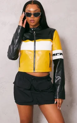 Yellow Graphic Back Fitted Faux Leather Racer Jacket