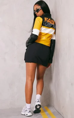 Yellow Graphic Back Fitted Faux Leather Racer Jacket