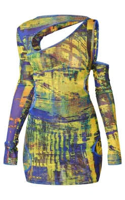 Yellow Grunge Print Tie Dye Mesh Double Layer Cut Out Bodycon Dress