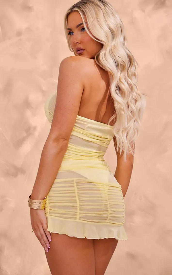 Yellow Mesh Ruffle Bandeau Beach Dress