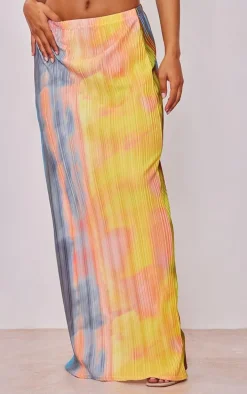 Yellow Ombre Printed Plisse Maxi Skirt
