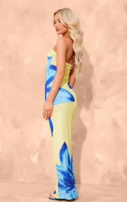 Yellow Onion Skin Bandeau Orchid Print Maxi Dress