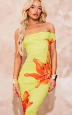 Yellow Onion Skin One Shoulder Orchid Print Maxi Dress