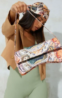 Yellow Roman Horse Mosaic Print Flap Over Baguette Shoulder Bag