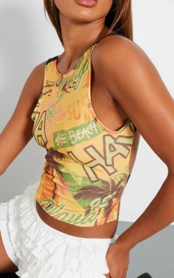 Yellow Slinky Printed Lace Back Crop Top