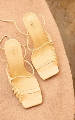 Yellow Wide Fit PU Square Toe Knot Lace Up Side Detail High Heeled Sandals