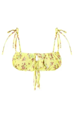 Yellow Woven Floral Printed Tie Strap Bralet