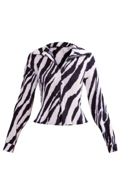 Zebra Print Plisse Button Up Fitted Shirt